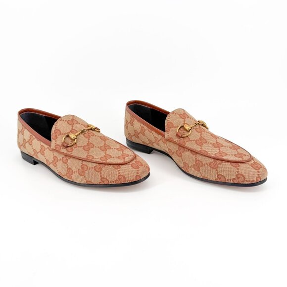 Gucci Jordaan Horsebit Loafers Size 37 US 7 Beige GG Monogram Canvas Flat Shoe - Picture 1 of 15